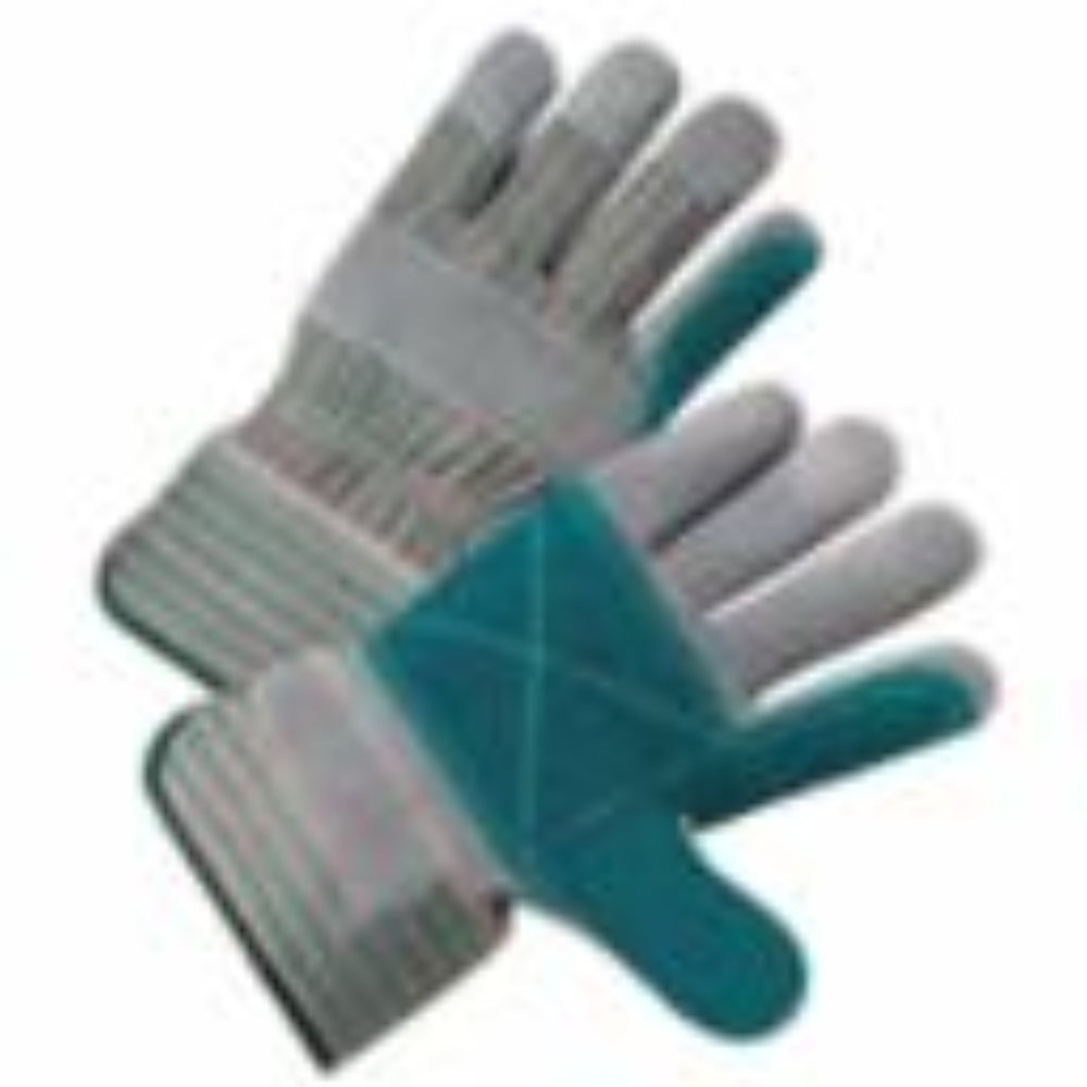 A pair of knit work gloves with gray knit backs and teal-blue fingertips, shown against a plain white background.