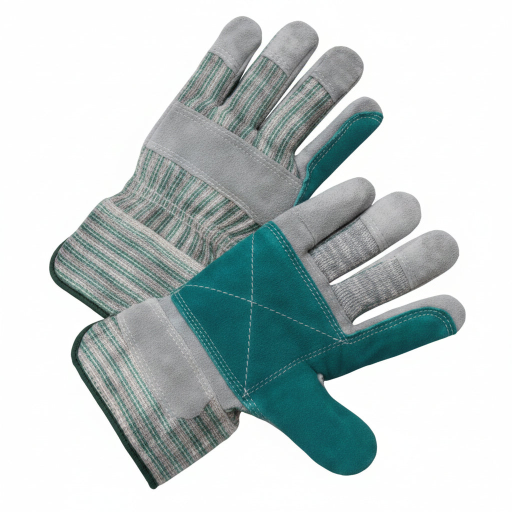 A pair of knit work gloves with gray knit backs and teal-blue fingertips, shown against a plain white background.