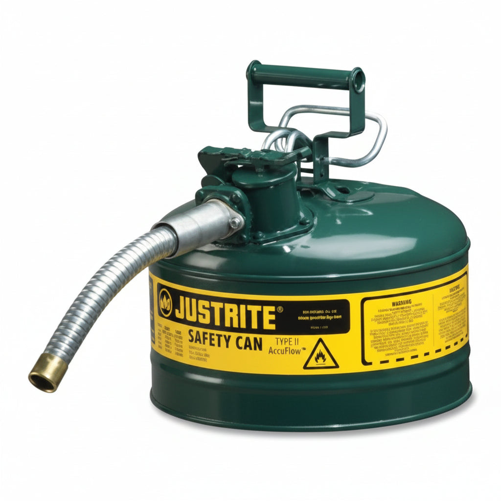 Type II AccuFlow 2.5 gal Green Oil Safety Can with 1 in OD Flexible Metal Hose