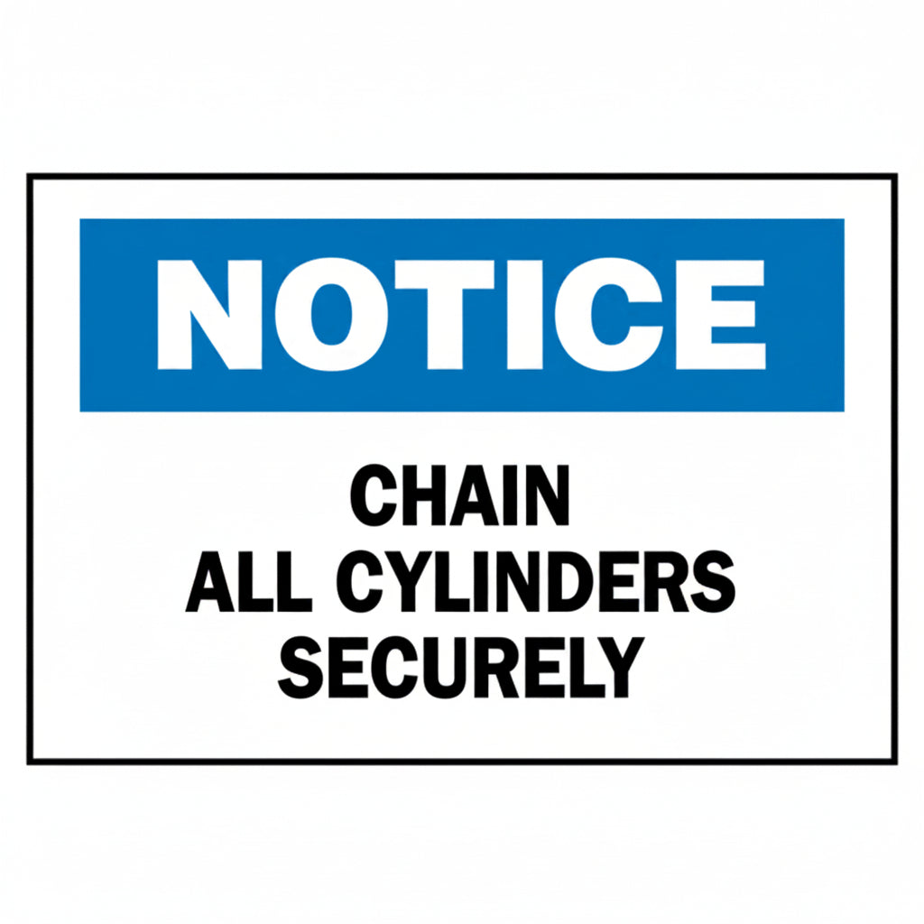 Notice Chain All Cylinders Securely Chemical Sign, White/Blue Plastic, 7 x 10 in