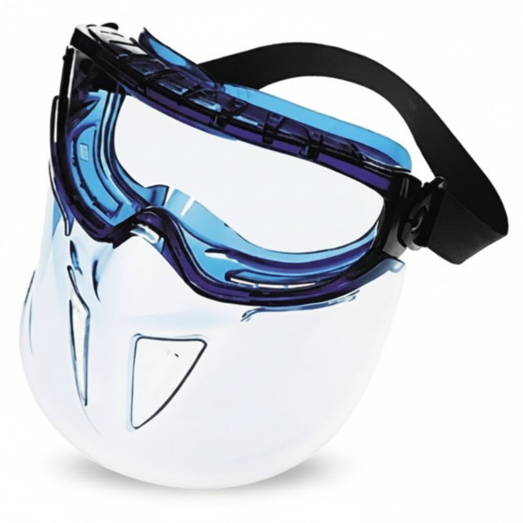 V90 Shield with Monogoggle XTR OTG Clear Anti-Fog Goggles with Blue PVC Frame