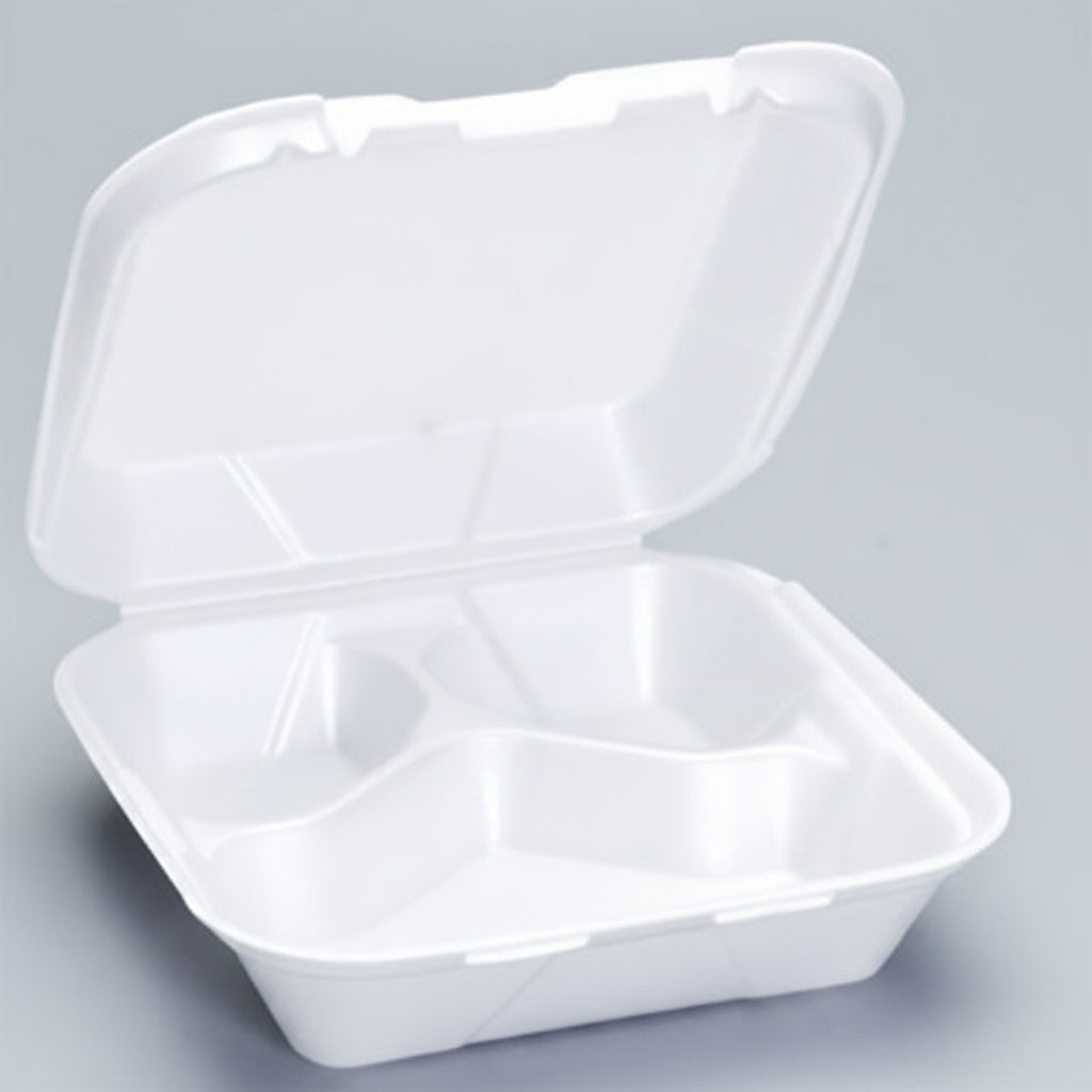 Foam Hinged Container 8" x 8" White 3-Compartment