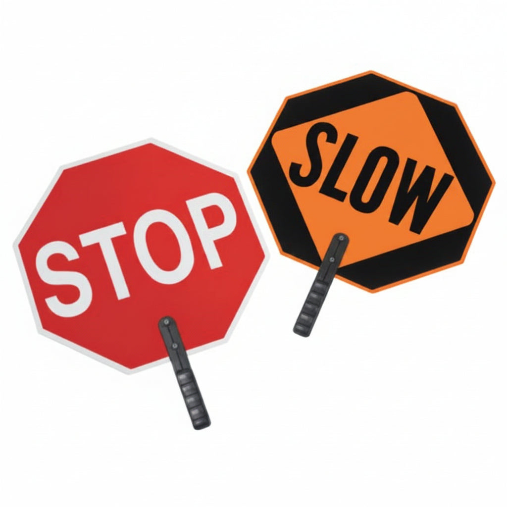 STOP/SLOW Safety Paddle with 8 in Wood Handle, Nonreflective Aluminum, 18 in
