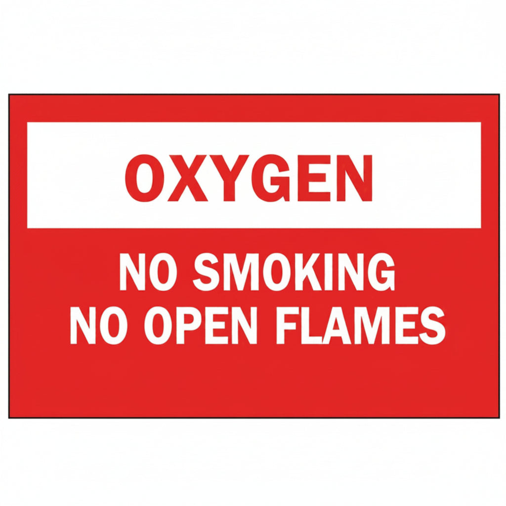 Oxygen No Smoking No Open Flames Chemical and Hazardous Material Sign, Red/White Plastic