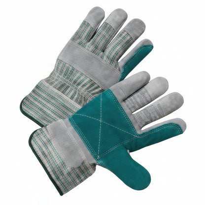 A pair of knit work gloves with gray knit backs and teal-blue fingertips, shown against a plain white background.