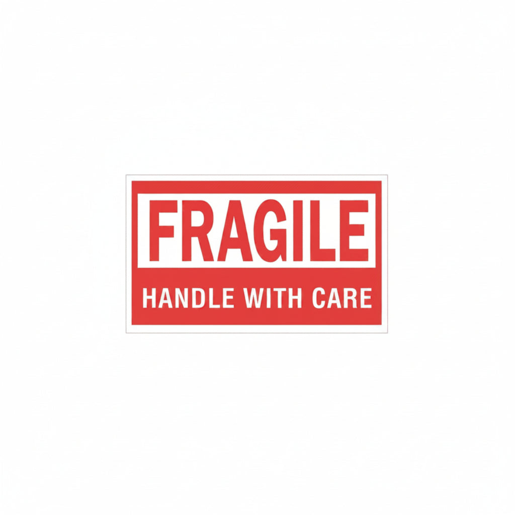 A rectangular red and white 'FRAGILE HANDLE WITH CARE' sign with bold white text on a red background, shown on a black background.
