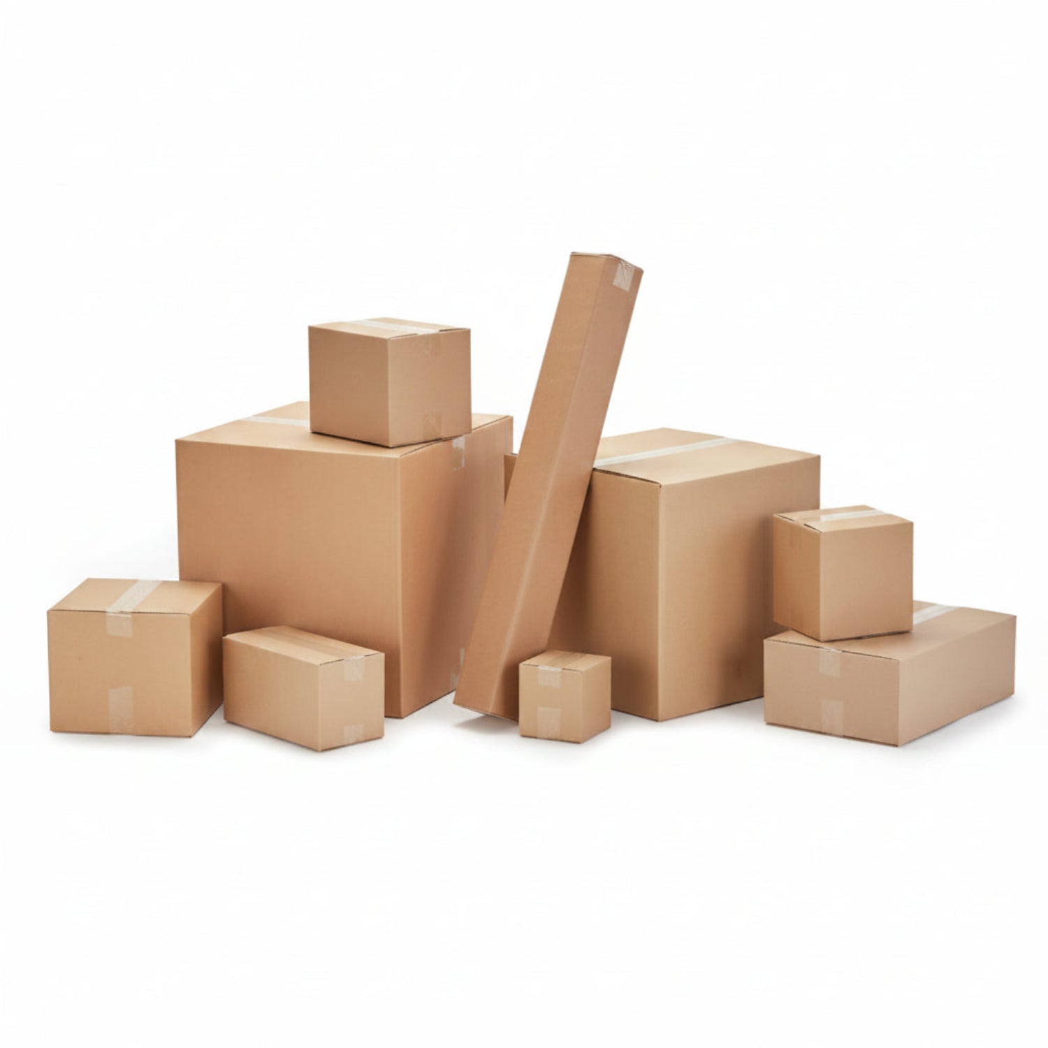 Collection of cardboard boxes and packing materials on a white background