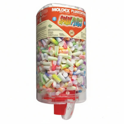 PlugStation SparkPlugs Foam Earplug Dispenser, Assorted Color Swirls/Streaks, 500 Pairs NRR 33 dB