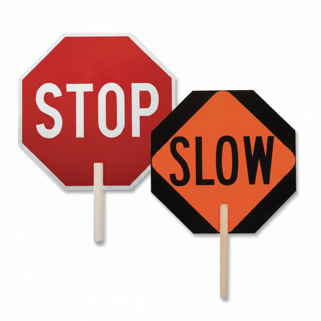 STOP/SLOW Double-Sided Flip Sign, Screened MDF, 18 x 18 in with 9 in Handle