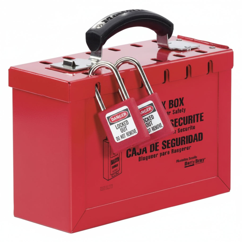 Red Steel Group Lock Box, 9-1/4 in L x 6 in H x 3-3/4 in W