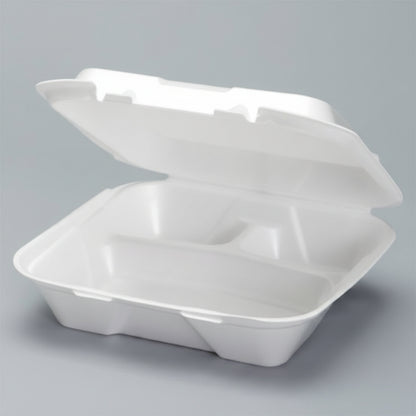 Foam Hinged Container 9" x 9" White 3-Compartment
