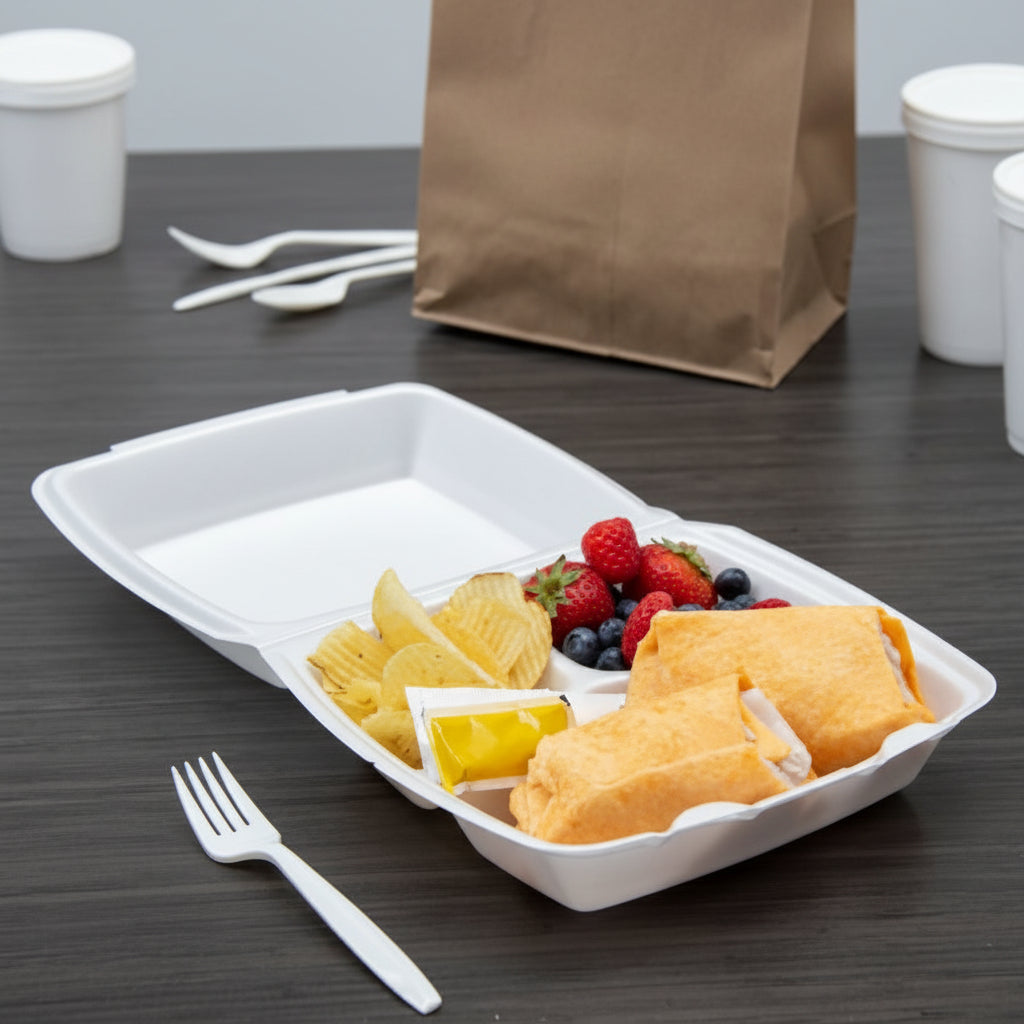 Foam Hinged Container 9" 3-Compartment