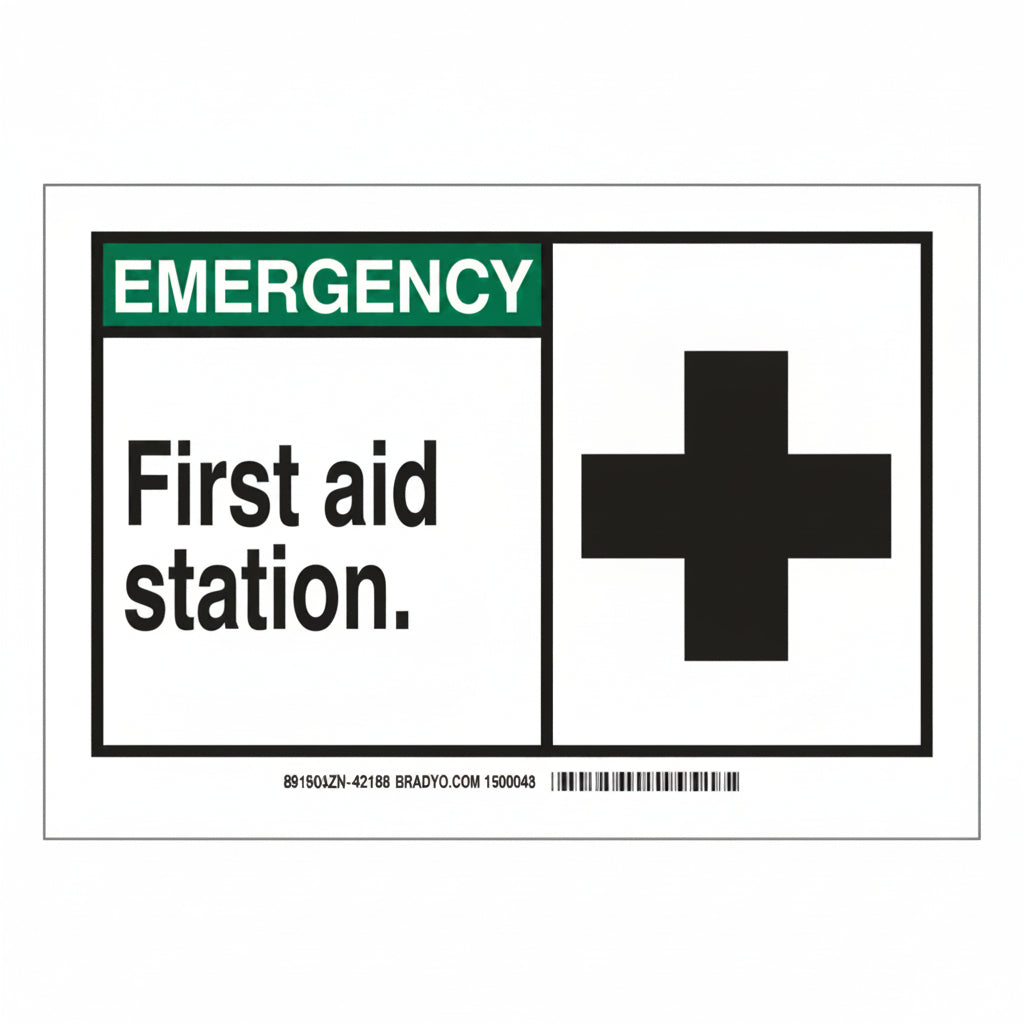 Emergency First Aid Station Sign, Black on White Polystyrene, 10 x 7 in