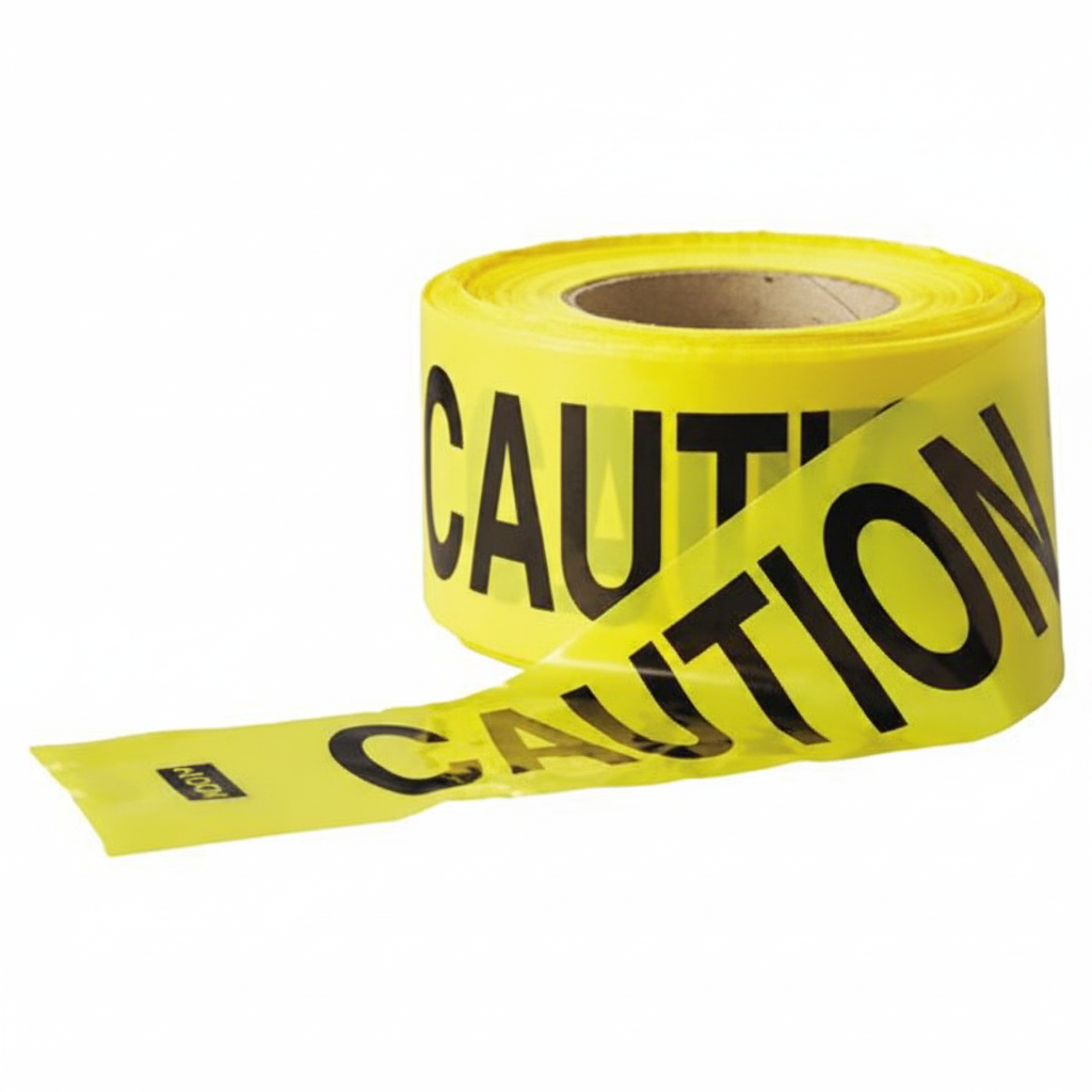 Roll of yellow caution tape with black text on a white background