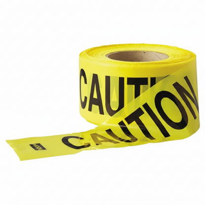 Roll of yellow caution tape with black text on a white background